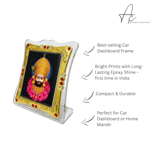 ARTIQUE CREATION Khatu Shyam Decorative Religious Photo Frame 6x7 cm for Car Dashboard, Pooja Room, Table Top, Gold-Plated with Crystal Stones