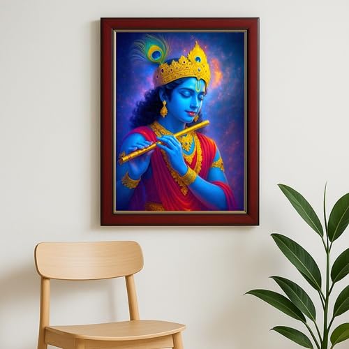 ARTIQUE CREATION | Krishna Bhagwaan Photo Frame 12x18 Inch – Charcoal Synthetic Epoxy Frame for Home, Temple, Janmashtami & Wall Decoration (Luminous Digital Art, Cosmic Glow, 12x18 Inch)