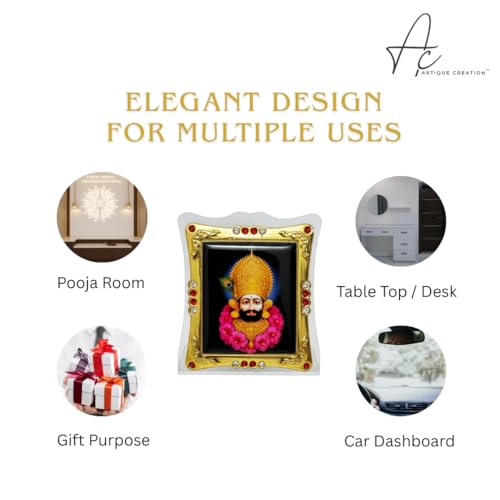 ARTIQUE CREATION Khatu Shyam Decorative Religious Photo Frame 6x7 cm for Car Dashboard, Pooja Room, Table Top, Gold-Plated with Crystal Stones
