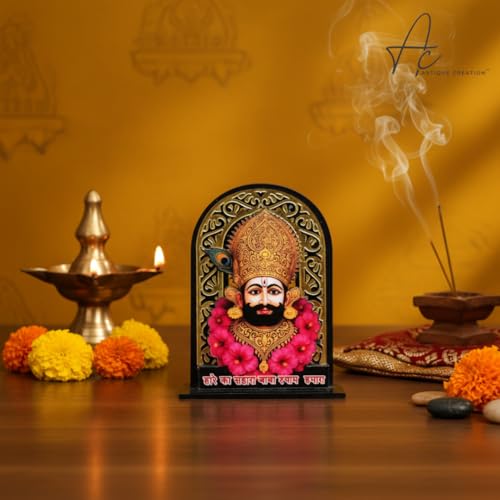 ARTIQUE CREATION Sri Khatu Shyam Baba Idol for Car Dashboard, Spiritual Diwali Gift Item and Statue for Temple/Pooja/Home Decor/Office/Study Table, Decorative Showpiece Figurine, 8.2 x 6.3 cm (Gold)