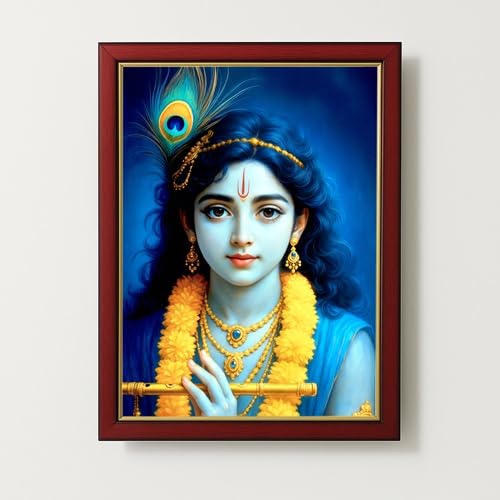 ARTIQUE CREATION Lord Krishna Wall Decoration Photo12x18 – Epoxy Charcoal Frame for Home, Temple & Janmashtami Decor (Modern Calendar Art, Clear Jewel Tones, 12x18 Inch)