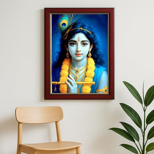 ARTIQUE CREATION Lord Krishna Wall Decoration Photo12x18 – Epoxy Charcoal Frame for Home, Temple & Janmashtami Decor (Modern Calendar Art, Clear Jewel Tones, 12x18 Inch)