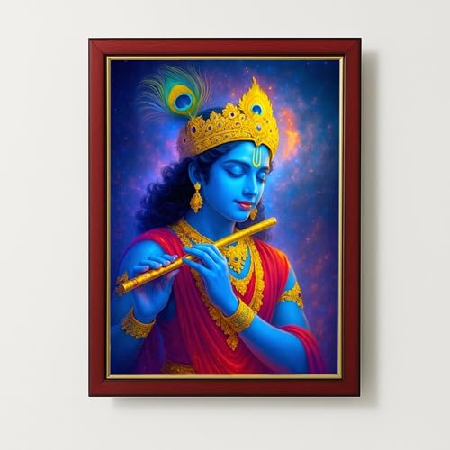 ARTIQUE CREATION | Krishna Bhagwaan Photo Frame 12x18 Inch – Charcoal Synthetic Epoxy Frame for Home, Temple, Janmashtami & Wall Decoration (Luminous Digital Art, Cosmic Glow, 12x18 Inch)