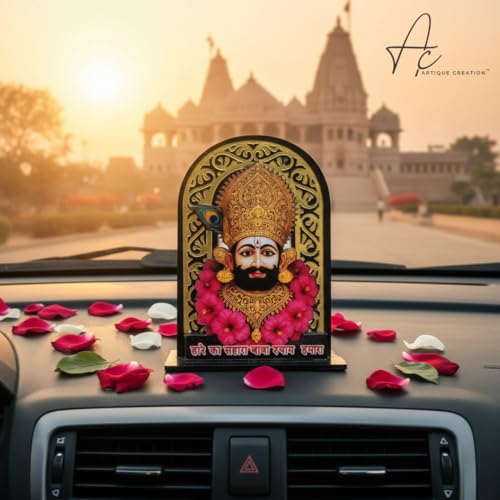 ARTIQUE CREATION Sri Khatu Shyam Baba Idol for Car Dashboard, Spiritual Diwali Gift Item and Statue for Temple/Pooja/Home Decor/Office/Study Table, Decorative Showpiece Figurine, 8.2 x 6.3 cm (Gold)