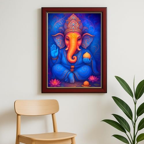 ARTIQUE CREATION |Lord Ganesha Wall Painting 12x18 Inch – Epoxy Charcoal Synthetic Frame for Home & Temple