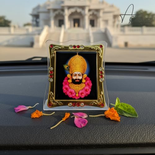 ARTIQUE CREATION Khatu Shyam Decorative Religious Photo Frame 6x7 cm for Car Dashboard, Pooja Room, Table Top, Gold-Plated with Crystal Stones