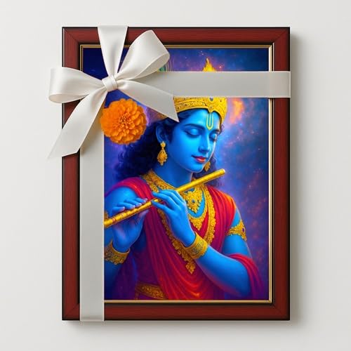 ARTIQUE CREATION | Krishna Bhagwaan Photo Frame 12x18 Inch – Charcoal Synthetic Epoxy Frame for Home, Temple, Janmashtami & Wall Decoration (Luminous Digital Art, Cosmic Glow, 12x18 Inch)