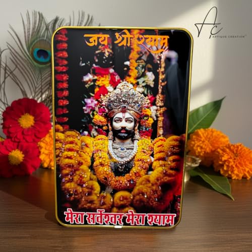ARTIQUE CREATION Shri Khatu Shyam/Shyam Baba/Barbarik Ji Photo Frame for Spiritual Diwali Gift, Pooja Room, Home Decor, Office, Temple 8x12 Inch (Garland Shyam Ji, Orange & Yellow Garland, 8x12 Inch)