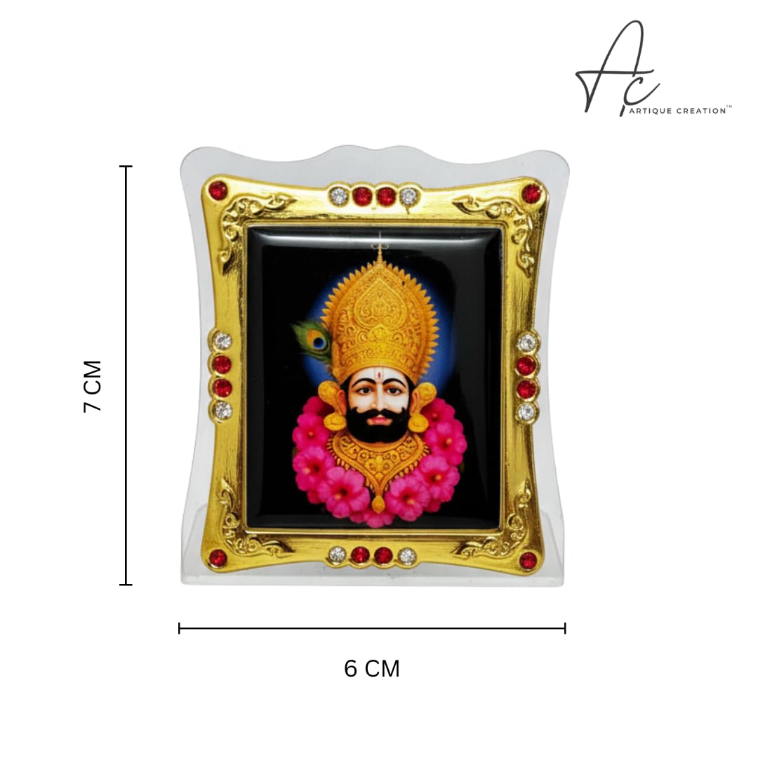 ARTIQUE CREATION Khatu Shyam Photo Frame 6x7 cm for Car Dashboard, Pooja Room, Table Top, Gold-Plated with Crystal Stones, Home Decorative Religious