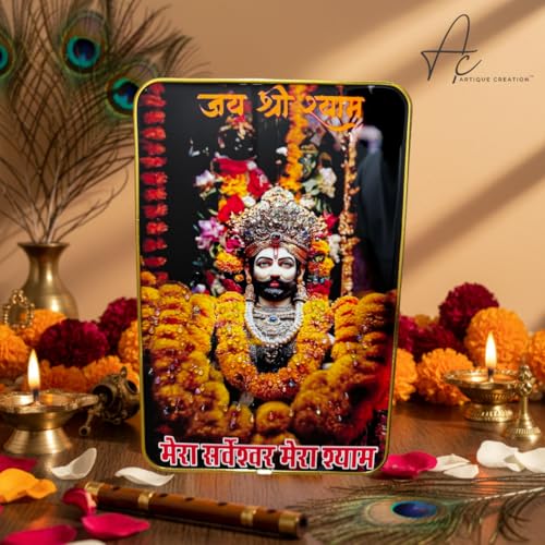 ARTIQUE CREATION Shri Khatu Shyam/Shyam Baba/Barbarik Ji Photo Frame for Spiritual Diwali Gift, Pooja Room, Home Decor, Office, Temple 8x12 Inch (Garland Shyam Ji, Orange & Yellow Garland, 8x12 Inch)