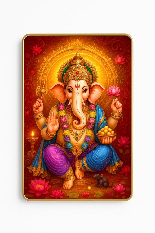 ARTIQUE CREATION Sri Ganesha Photo Golden Frame for Home Decor, Living Room, Bedroom, Office, Spiritual Decoration 12x18 Inch (Modern Indian Classical, Warm Jewel-Toned, 12X18 Inch)