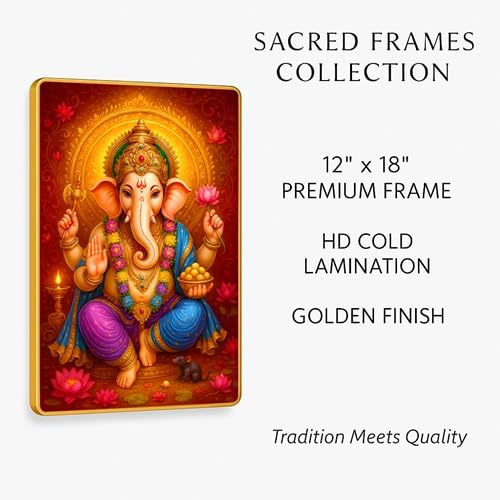 ARTIQUE CREATION Sri Ganesha Photo Golden Frame for Home Decor, Living Room, Bedroom, Office, Spiritual Decoration 12x18 Inch (Modern Indian Classical, Warm Jewel-Toned, 12X18 Inch)