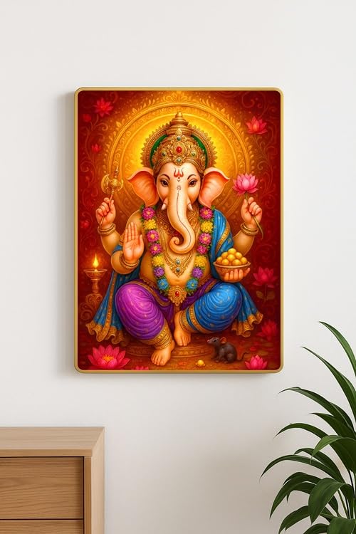 ARTIQUE CREATION Sri Ganesha Photo Golden Frame for Home Decor, Living Room, Bedroom, Office, Spiritual Decoration 12x18 Inch (Modern Indian Classical, Warm Jewel-Toned, 12X18 Inch)