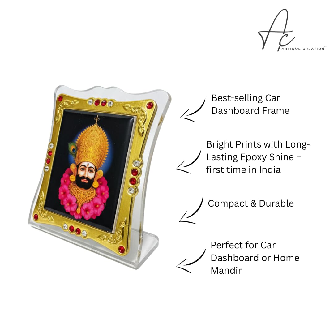 ARTIQUE CREATION Khatu Shyam Decorative Religious Photo Frame 6x7 cm for Car Dashboard, Pooja Room, Table Top, Gold-Plated with Crystal Stones