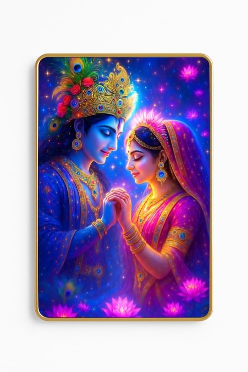 ARTIQUE CREATION Radha Krishna Photo Golden Frame for Home Decor, Living Room, Bedroom, Office, Spiritual Decoration 12x18 Inche (Vrindavan Lotus Divine Love, Purple Starry Aura, 12 x 18 Inch)