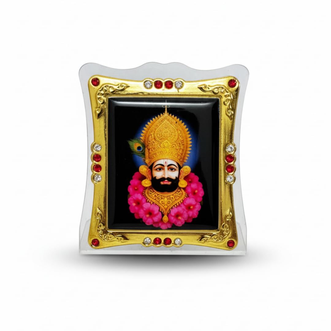 ARTIQUE CREATION Khatu Shyam Photo Frame 6x7 cm for Car Dashboard, Pooja Room, Table Top, Gold-Plated with Crystal Stones, Home Decorative Religious