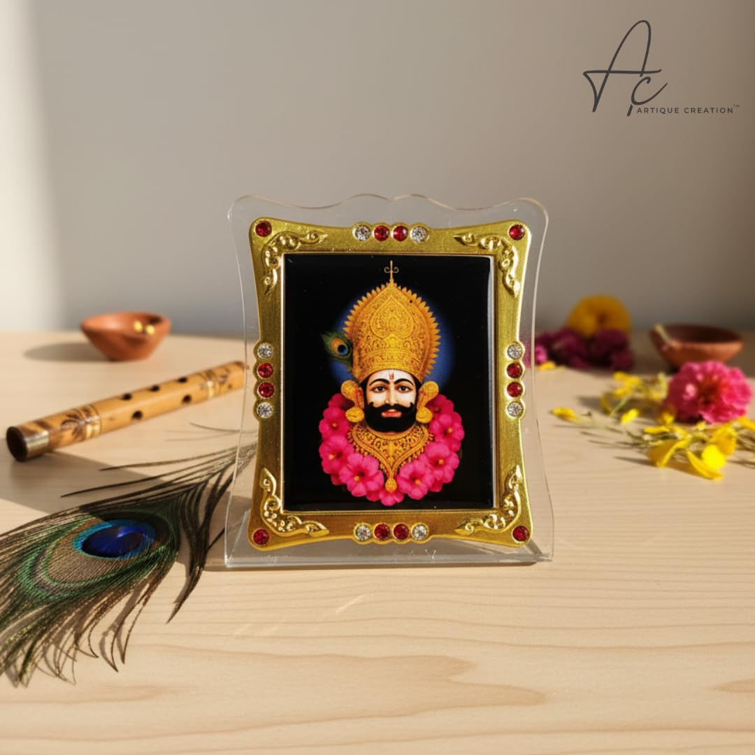 ARTIQUE CREATION Khatu Shyam Photo Frame 6x7 cm for Car Dashboard, Pooja Room, Table Top, Gold-Plated with Crystal Stones, Home Decorative Religious