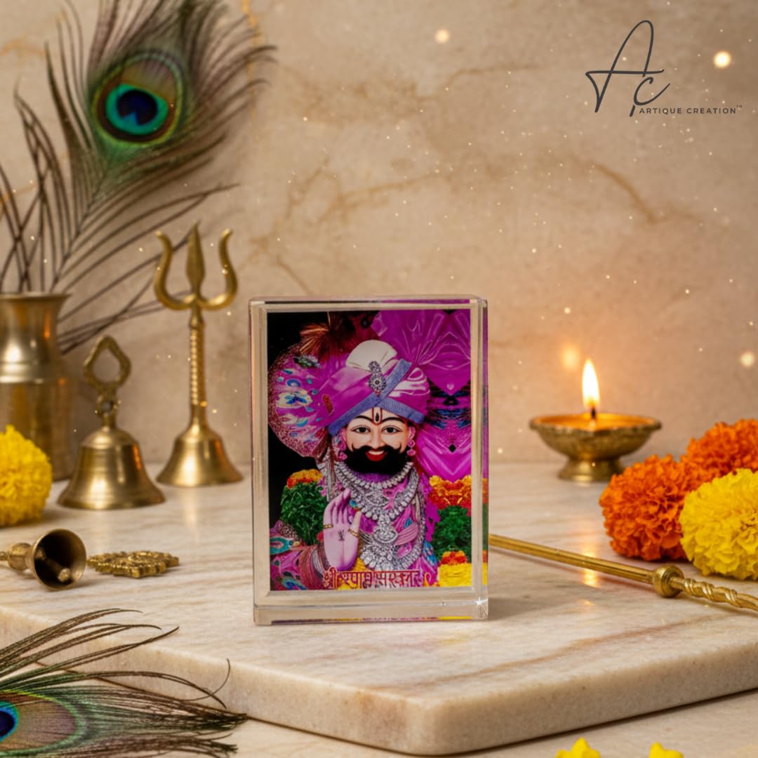 ARTIQUE CREATION Khatu Shyam 3D Crystal Cube Spiritual Figures for Home Decor, Table, Office, Pooja Room Decorative Showpiece - 9.5 cm (Plastic, Multicolor)
