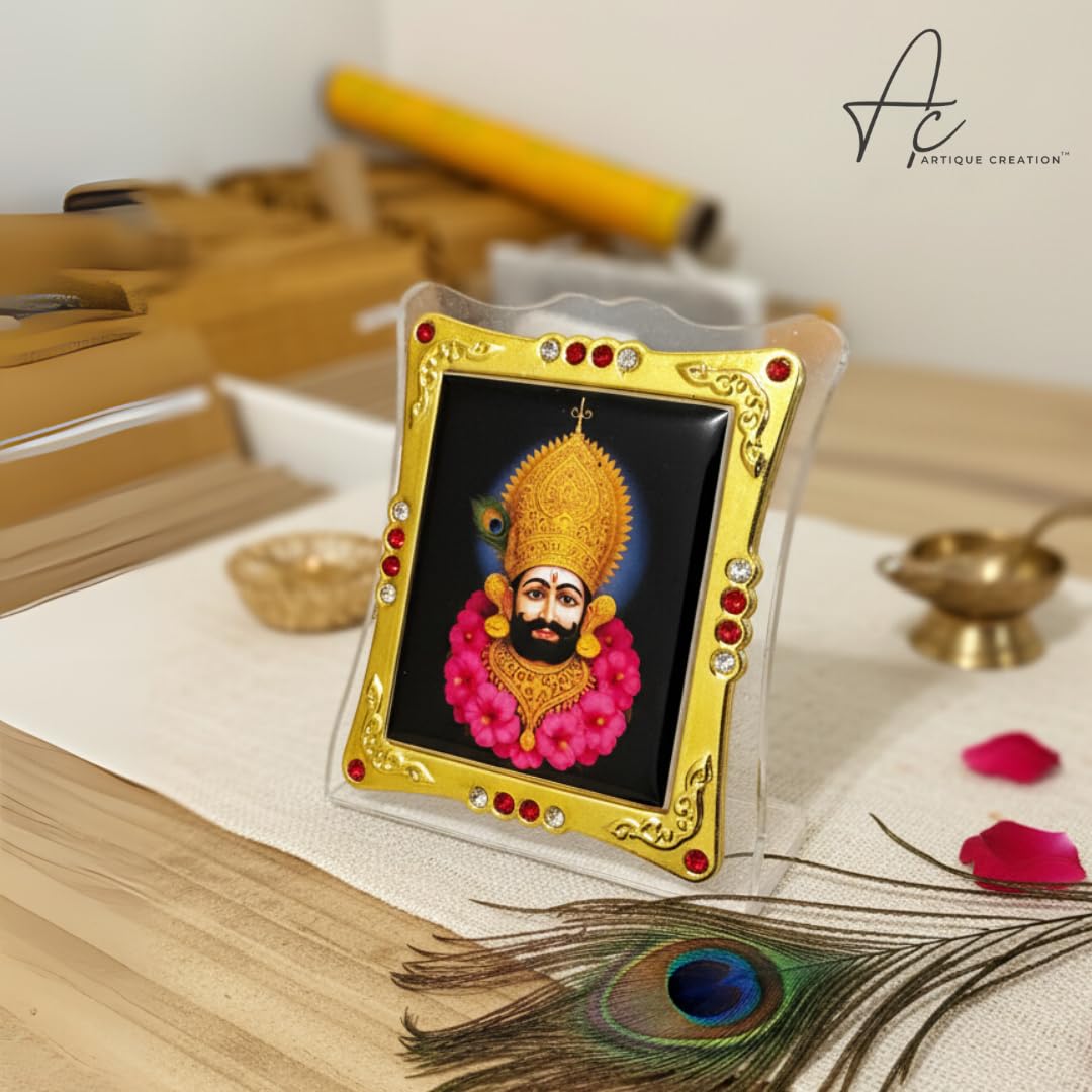 ARTIQUE CREATION Khatu Shyam Photo Frame 6x7 cm for Car Dashboard, Pooja Room, Table Top, Gold-Plated with Crystal Stones, Home Decorative Religious