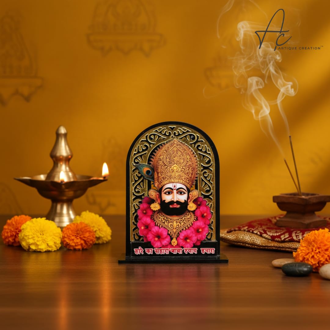 ARTIQUE CREATION Sri Khatu Shyam Baba Idol for Car Dashboard, Spiritual Diwali Gift Item and Statue for Temple/Pooja/Home Decor/Office/Study Table, Decorative Showpiece Figurine, 8.2 x 6.3 cm (Gold)