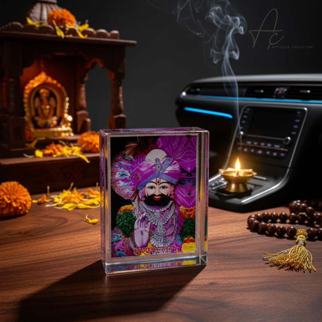 ARTIQUE CREATION Khatu Shyam 3D Crystal Cube Spiritual Figures for Home Decor, Table, Office, Pooja Room Decorative Showpiece - 9.5 cm (Plastic, Multicolor)