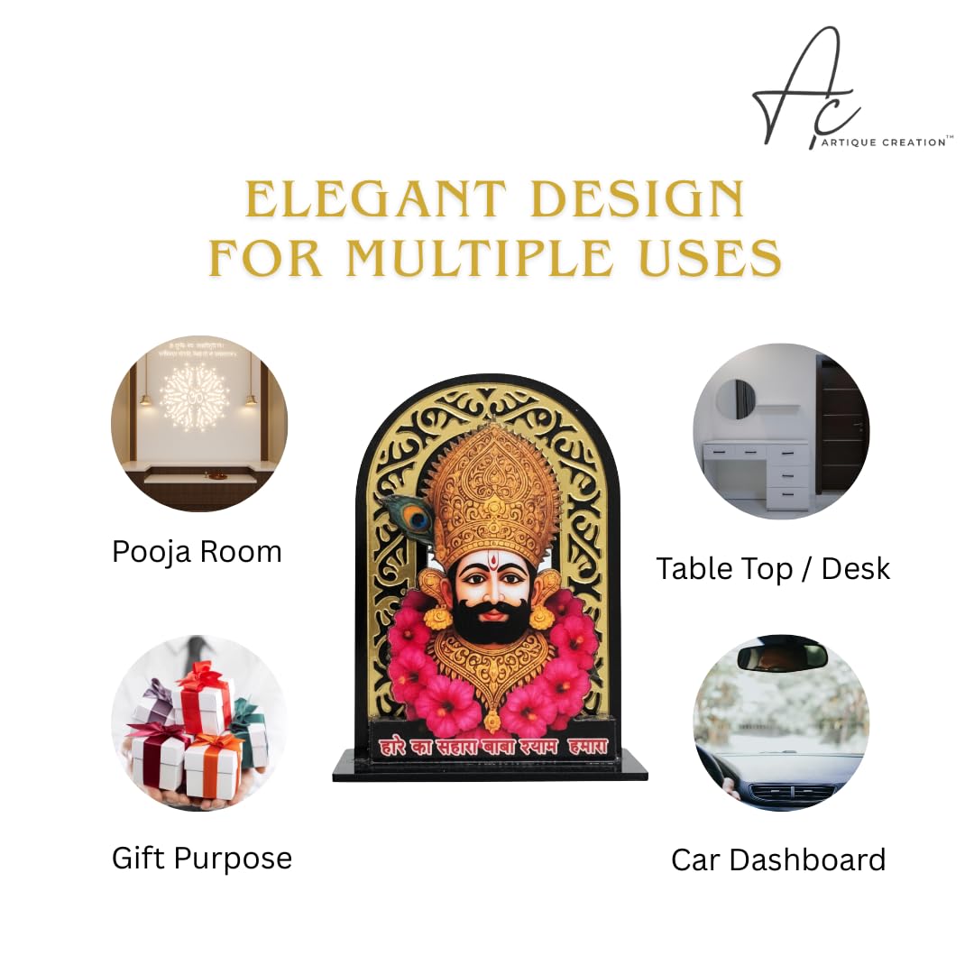 ARTIQUE CREATION Sri Khatu Shyam Baba Idol for Car Dashboard, Spiritual Diwali Gift Item and Statue for Temple/Pooja/Home Decor/Office/Study Table, Decorative Showpiece Figurine, 8.2 x 6.3 cm (Gold)
