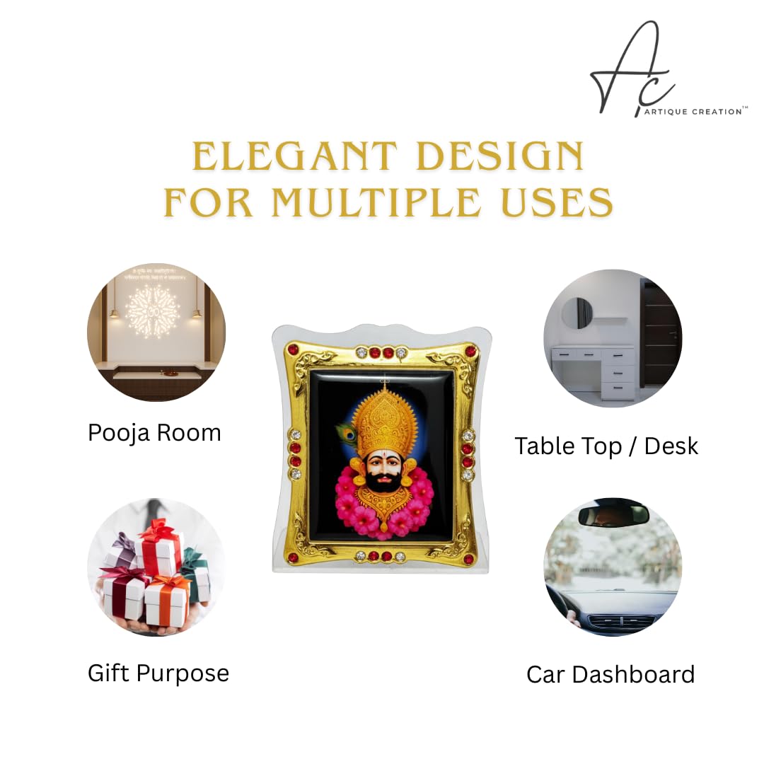 ARTIQUE CREATION Khatu Shyam Photo Frame 6x7 cm for Car Dashboard, Pooja Room, Table Top, Gold-Plated with Crystal Stones, Home Decorative Religious