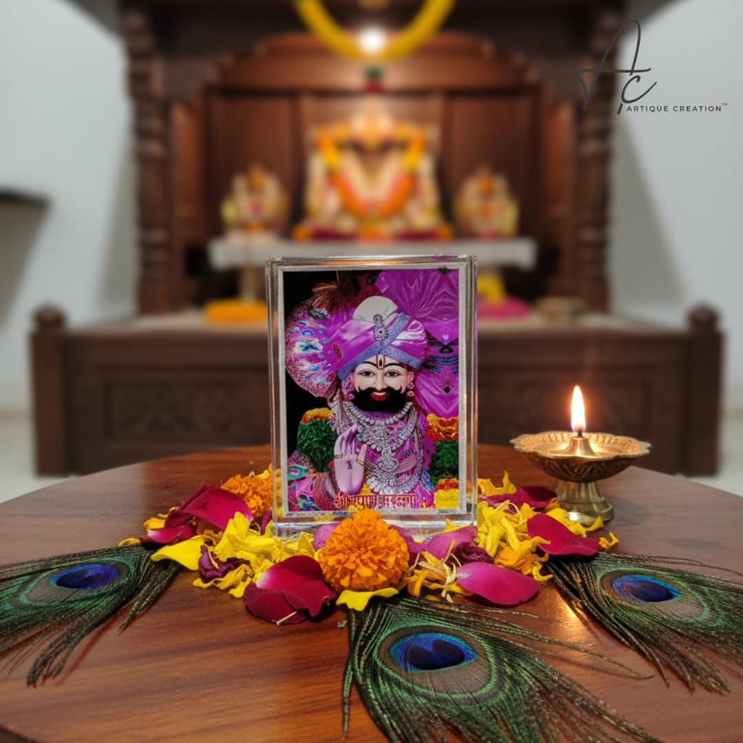 ARTIQUE CREATION Khatu Shyam 3D Crystal Cube Spiritual Figures for Home Decor, Table, Office, Pooja Room Decorative Showpiece - 9.5 cm (Plastic, Multicolor)