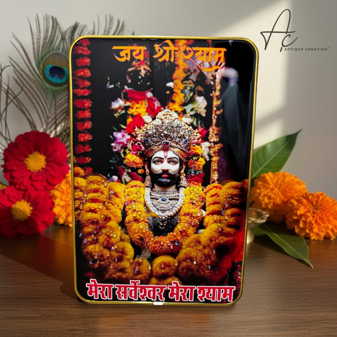 ARTIQUE CREATION Shri Khatu Shyam/Shyam Baba/Barbarik Ji Photo Frame for Spiritual Diwali Gift, Pooja Room, Home Decor, Office, Temple 8x12 Inch (Garland Shyam Ji, Orange & Yellow Garland, 8x12 Inch)