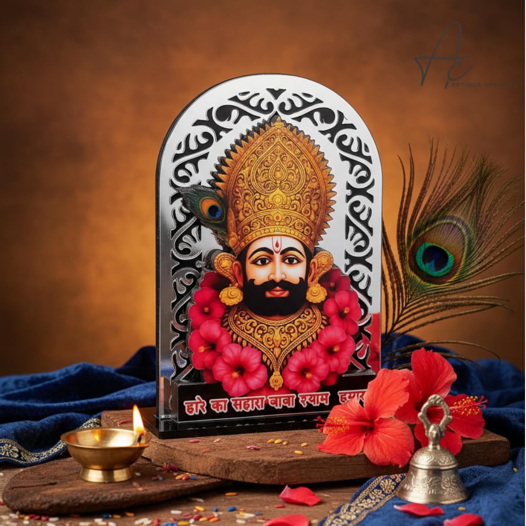 ARTIQUE CREATION Shree Khatu Shyam Baba Idol for Car Dashboard, Sri Barbarik Ji for Temple/Pooja/Home Decor/Office/Study Table, Showpiece Figurine, 8.2 x 6.3 cm (Silver)