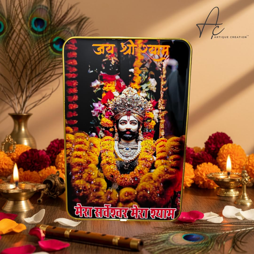 ARTIQUE CREATION Shri Khatu Shyam/Shyam Baba/Barbarik Ji Photo Frame for Spiritual Diwali Gift, Pooja Room, Home Decor, Office, Temple 8x12 Inch (Garland Shyam Ji, Orange & Yellow Garland, 8x12 Inch)